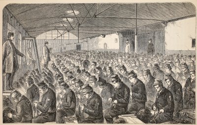 Grote Oakum-kamer (onder het Silent System) in het Middlesex House of Correction, Coldbath Fields, illustratie uit The Criminal Prisons of London and Scenes from Prison Life door Henry Mayhew en John Binny, uitgegeven in 1862 door English School