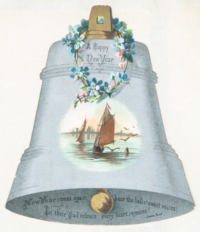 Grote blauwe bel met afbeelding van zeilboot, nieuwjaarskaart door English School