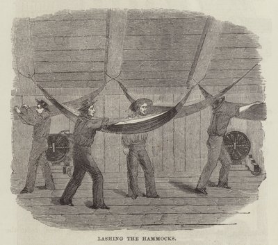 Het vastbinden van de hangmatten (gravure) door English School