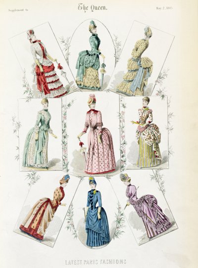Laatste Parijse Mode, negen dagjurken in een modeplaat uit een supplement van The Queen, mei 1885 door English School