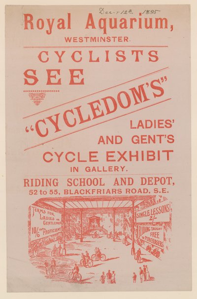 Folder die de Cycledoms Ladies and Gents Cycle Exhibit bij het Royal Aquarium adverteert door English School