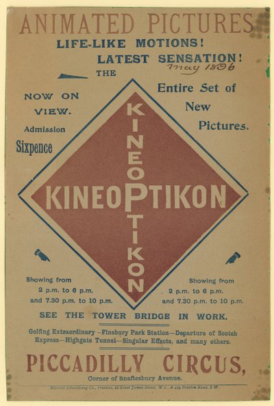 Folder die de Kineoptikon, Piccadilly Circus adverteert door English School