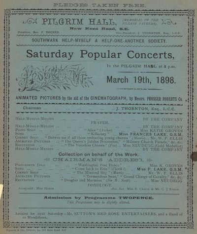 Folder die de Zaterdag Populaire Concerten in de Pilgrim Hall adverteert door English School