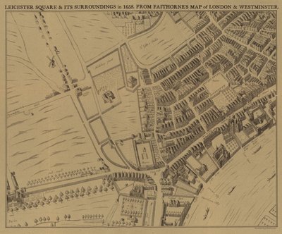 Leicester Square en omgeving in 1658 door English School