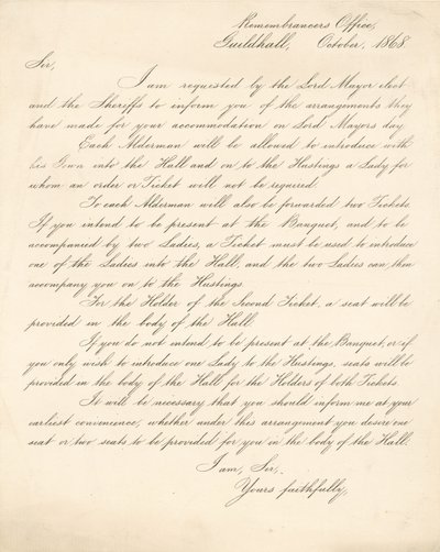 Brief met details over de regelingen voor een banket in de Guildhall, Londen, op 9 november 1868 door English School