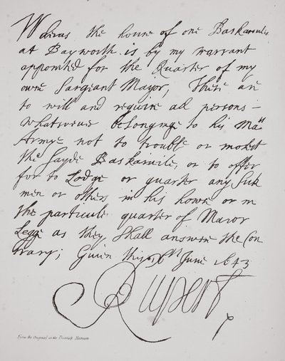 Brief van Prins Rupert, juni 1643 door English School