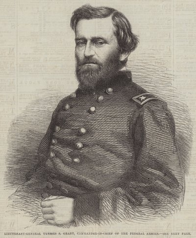 Luitenant-generaal Ulysses S Grant, opperbevelhebber van de federale legers (gravure) door English School