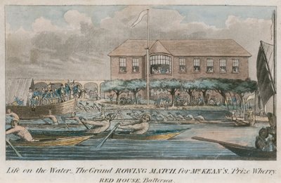 Leven op het water, de grote roeiwedstrijd voor McKeans prijs wherrry, Red House, Battersea door English School