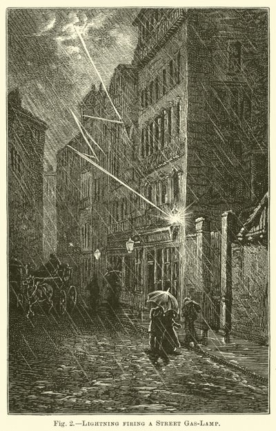 Bliksem die een straatgaslamp aansteekt door English School