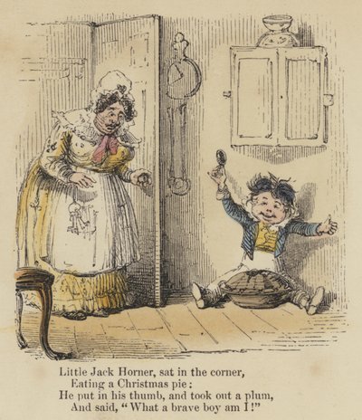 Kleine Jack Horner, zat in de hoek, At een kersttaart, Hij stak zijn duim erin, en haalde een pruim eruit, En zei: "Wat een dappere jongen ben ik!" (gekleurde gravure) door English School