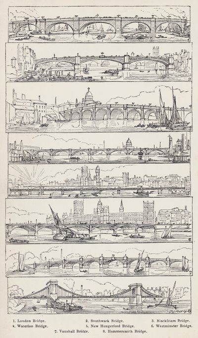Londen Brug, Southwark Brug, Blackfriars Brug, Waterloo Brug, Nieuwe Hungerford Brug, Westminster Brug, Vauxhall Brug, Hammersmith Brug (gravure) door English School