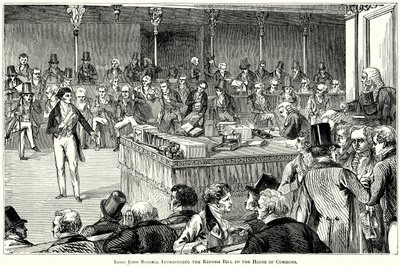 Lord John Russell introduceert de hervormingswet in het Lagerhuis (gravure) door English School
