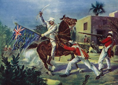 Lord Roberts vecht tegen twee sepoys over de Britse standaard bij Khudaganj, waarvoor hij het Victoria Cross ontving tijdens de Indiase opstand door English School