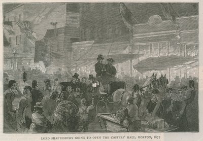 Lord Shaftesbury opent de Costers Hall, Hoxton, Londen, 1875 door English School