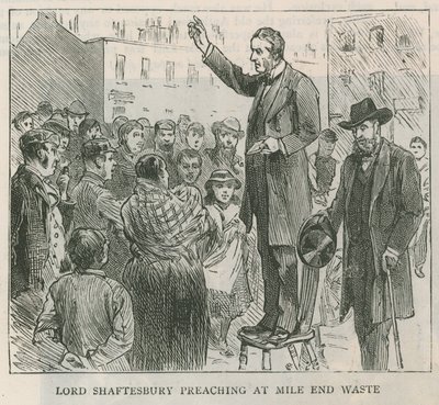 Lord Shaftesbury predikt bij Mile End Waste, Londen door English School