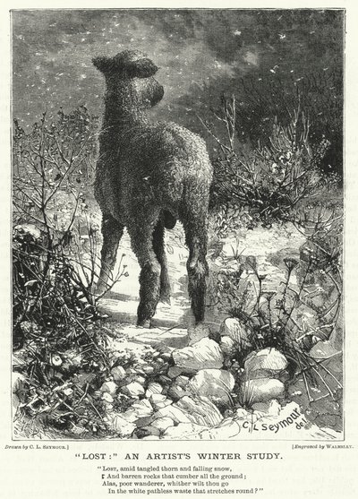 "Verdwaald," een winterstudie van een kunstenaar (gravure) door English School
