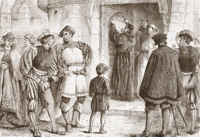 Luther die zijn stellingen aan de deur van de Schloss-Kerk in Wittenberg spijkert, illustratie uit The History of Protestantism door James Aitken Wylie (1808-1890), gepubliceerd 1878 door English School