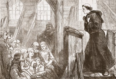 Luther predikend in de oude houten kerk in Wittenberg, illustratie uit The History of Protestantism door James Aitken Wylie (1808-1890), gepubliceerd 1878 door English School