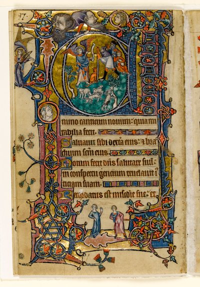 De aankondiging aan de herders, gehistorieerde initiaal uit de Macclesfield Psalter, Gebruik van Sarum, Oost-Anglia, ca. 1330 door English School