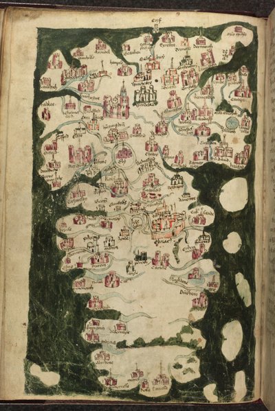 MS Harley 1808, f.9v Kaart van Engeland en Wales, uit de 