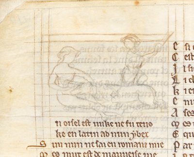 MS McClean 123 f.40v Ondertekening voor een miniatuur die een jager toont die een eenhoorn vangt die naakt in de schoot van een maagd ligt, uit 