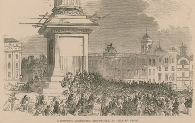 M Kossuth spreekt de mensen toe op Charing Cross door English School