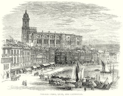 Malaga - Haven, kade en kathedraal (gravure) door English School