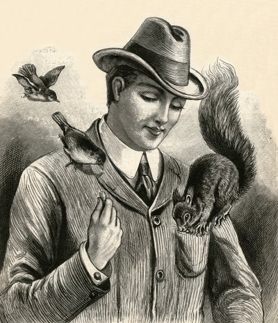 Man die een eekhoorn en vogels voedt door English School
