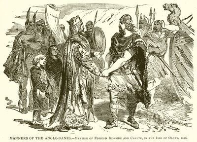 Manieren van de Anglo-Denen.--Ontmoeting van Edmund Ironside en Canute, op het eiland Olney, 1016 door English School