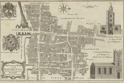 Kaart van Billingsgate en Bridge wards, Londen door English School