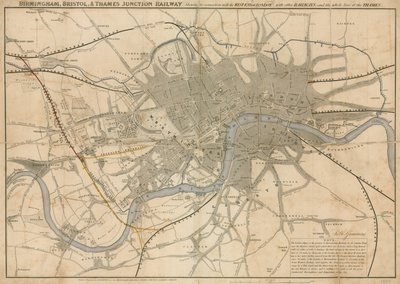 Kaart van Londen met de Birmingham, Bristol, Thames Junction spoorweg, 1839 door English School