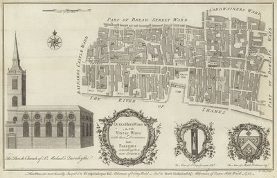 Kaart van Queenhithe en Vintry wijken, Londen door English School
