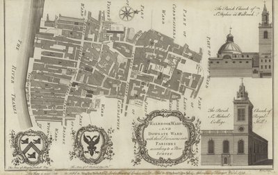 Kaart van Walbrook Ward en Dowgate Ward, Londen door English School
