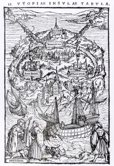 Kaart van het Eiland Utopia, Boek frontispice door English School