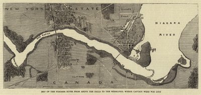 Kaart van de Niagara-rivier van boven de watervallen tot de draaikolk waar kapitein Webb verloren ging door English School