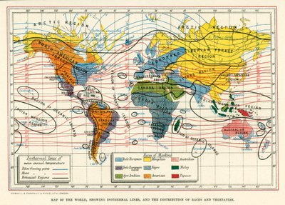 Kaart van de wereld met isothermische lijnen en de verspreiding van rassen en vegetatie (kleurenlitho) door English School