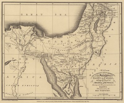 Kaart van de reizen en kampen van de Israëlieten van Egypte naar Kanaän, door de woestijn (gravure) door English School