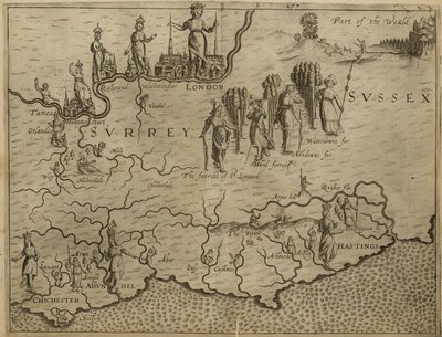 Kaart van Zuid-Engeland, inclusief Londen, Surrey en Sussex door English School