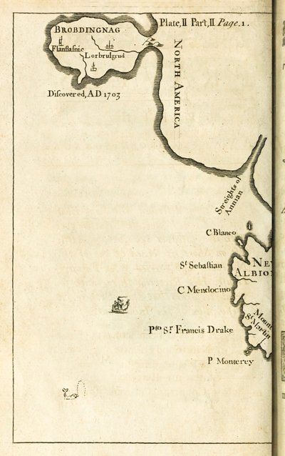 Kaart met de locatie van Brobdingnag uit de eerste editie van Reizen naar verschillende afgelegen landen van de wereld, beter bekend als Gullivers Reizen door Jonathan Swift door English School