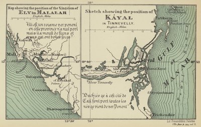 Kaart die de positie van het Koninkrijk Ely in Malabar toont, schets die de positie van Kayal in Tinnevelly toont (kleur litho) door English School