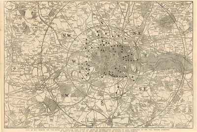 Kaart met tolpoorten en belangrijkste barrières binnen 6 mijl van Charing Cross, tentoongesteld aan Lord Palmerston door het Tolhervormingscomité door English School