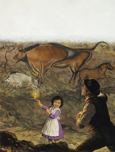 Marcelino Sanz de Sautuola (1831-88) en zijn dochter Maria ontdekken de grotschilderingen in Altamira (gouache op papier) door English School
