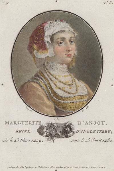 Margaretha van Anjou, koningin-gemalin van koning Hendrik VI van Engeland (gekleurde gravure) door English School
