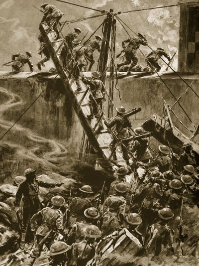 Mariniers en matrozen springen op in de gangboorden van H.M.S. Vindictive door English School