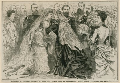 Huwelijk van Prinses Victoria van Hessen en Prins Louis van Battenberg, Koningin Victoria begroet de bruid, 16 mei 1884 door English School
