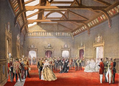 Het opstellen van de processie van de bruid in de centrale hal van de tijdelijke appartementen, uit A Memorial of the Marriage of Edward VII and Alexandra of Denmark, pub. 1864 door English School