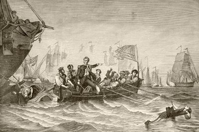 Commandant Oliver Hazard Perry die overgaat van US Brig Lawrence naar US Brig Niagra tijdens de Slag bij Lake Erie door English School
