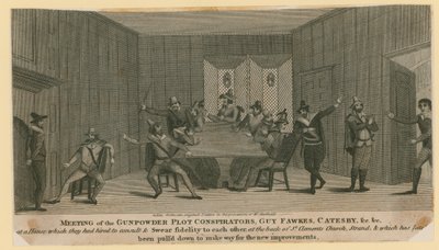 Bijeenkomst van de samenzweerders van het Buskruitcomplot, Guy Fawkes, Catesby, enz. door English School