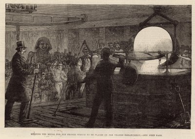 Het smelten van het metaal voor de bronzen sfinx die op de Thames Embankment wordt geplaatst (gravure) door English School