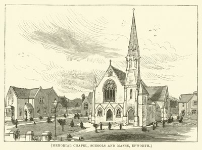Gedachteniskapel, scholen en pastorie, Epworth (gravure) door English School